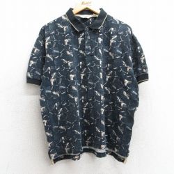 【50%OFF】XL★古着 リーボック REEBOK 半袖 ブランド ポロ シャツ メンズ 90年代 90s ゴルフ 総柄 鹿の子 大きいサイズ コットン 黒他 ブラック 25jul08 中古 トップス