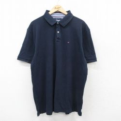 XL★古着 トミーヒルフィガー TOMMY HILFIGER 半袖 ブランド ポロ シャツ メンズ ワンポイントロゴ 鹿の子 大きいサイズ 紺 ネイビー 25jul14 中古 トップス