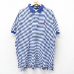 XL★古着 ラルフローレン Ralph Lauren 半袖 ブランド ポロ シャツ メンズ 90年代 90s ワンポイントロゴ 鹿の子 大きいサイズ コットン 青他 ブルー ボーダー 25jul18 中古 トップス