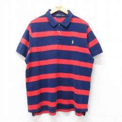 XL★古着 ラルフローレン Ralph Lauren 半袖 ブランド ポロ シャツ メンズ ワンポイントロゴ 鹿の子 大きいサイズ 紺他 ネイビー ボーダー 25jul18 中古 トップス