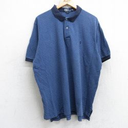 【20%OFF】XL★古着 ラルフローレン Ralph Lauren 半袖 ブランド ポロ シャツ メンズ 90年代 90s ワンポイントロゴ 鹿の子 大きいサイズ コットン 薄紺他 ネイビー ボーダー 25jul18 中古 トップス