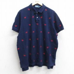 XL★古着 ラルフローレン Ralph Lauren 半袖 ブランド ポロ シャツ メンズ 90年代 90s ザリガニ 総柄 鹿の子 大きいサイズ コットン 紺他 ネイビー 【spe】 25jul18 中古 トップス