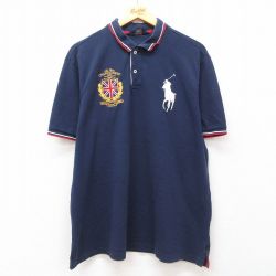 XL★古着 ラルフローレン Ralph Lauren ポロゴルフ 半袖 ブランド ポロ シャツ メンズ ビッグポニー ユニオンジャック 鹿の子 大きいサイズ コットン 紺 ネイビー 25jul29 中古 トップス