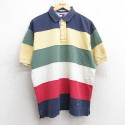 XL★古着 トミーヒルフィガー TOMMY HILFIGER 半袖 ブランド ポロ シャツ メンズ 90年代 90s ワンポイントロゴ マルチカラー 鹿の子 コットン 紺他 ネイビー 25jul30 中古 トップス