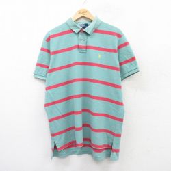 XL★古着 ラルフローレン Ralph Lauren 半袖 ブランド ポロ シャツ メンズ 90年代 90s ワンポイントロゴ 鹿の子 コットン 薄緑系他 グリーン ボーダー 25aug05 中古 トップス