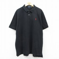 XL★古着 ラルフローレン Ralph Lauren 半袖 ブランド ポロ シャツ メンズ ワンポイントロゴ 鹿の子 大きいサイズ ロング丈 コットン 黒 ブラック 25aug05 中古 トップス