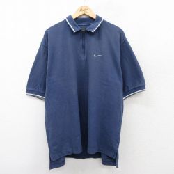 XL★古着 ナイキ NIKE 半袖 ハーフジップ ブランド ポロ シャツ メンズ ワンポイントロゴ ゴルフ 鹿の子 大きいサイズ コットン 紺 ネイビー 25aug05 中古 トップス