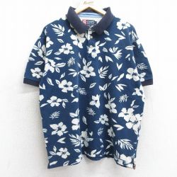XL★古着 ラルフローレン Ralph Lauren チャップス 半袖 ブランド ポロ シャツ メンズ 90年代 90s ハイビスカス 花柄 鹿の子 大きいサイズ コットン 紺他 ネイビー 25aug05 中古 トップス