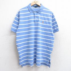 XL★古着 ラルフローレン Ralph Lauren 半袖 ブランド ポロ シャツ メンズ 90年代 90s ワンポイントロゴ 鹿の子 大きいサイズ コットン 薄紺他 ネイビー ボーダー 25aug23 中古 トップス
