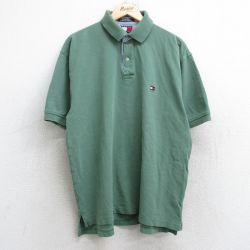 XL★古着 トミーヒルフィガー TOMMY HILFIGER 半袖 ブランド ポロ シャツ メンズ 90年代 90s ワンポイントロゴ 鹿の子 コットン 緑 グリーン 25aug23 中古 トップス