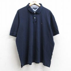 【50%OFF】XL★古着 トミーヒルフィガー TOMMY HILFIGER 半袖 ブランド ポロ シャツ メンズ ワンポイントロゴ 鹿の子 大きいサイズ コットン 紺 ネイビー 25aug25 中古 トップス