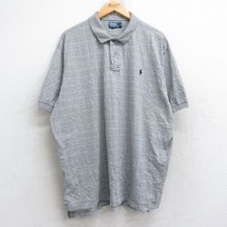XL★古着 ラルフローレン Ralph Lauren 半袖 ブランド ポロ シャツ メンズ 90年代 90s ワンポイントロゴ 大きいサイズ ロング丈 コットン グレー 霜降り他 チェック 【spe】 25aug25 中古 トップス