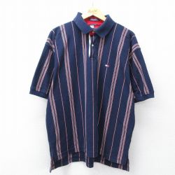 XL★古着 トミーヒルフィガー 半袖 ブランド ポロ シャツ メンズ 90年代 90s ワンポイントロゴ 鹿の子 コットン 紺他 ストライプ 26apr10