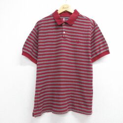 XL★古着 ラルフローレン チャップス 半袖 ブランド ポロ シャツ メンズ 90年代 90s ワンポイントロゴ ヘリンボーン コットン バーガンディ ボーダー 26jun04