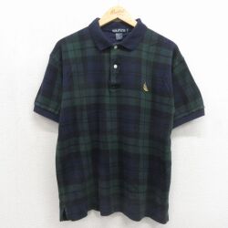 XL★古着 ノーティカ 半袖 ブランド ポロ シャツ メンズ 90年代 90s ワンポイントロゴ コットン グリーン タータン チェック ブラックウォッチ【spe】 26jun24