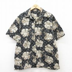 XL★古着 半袖 ハワイアン シャツ メンズ 90年代 90s ハイビスカス コットン 開襟 オープンカラー USA製 黒他 ブラック 25may21 中古 アロハ トップス