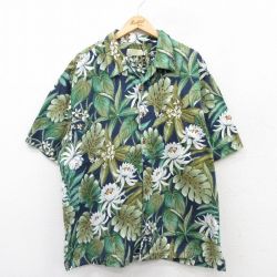 XL★古着 半袖 ハワイアン シャツ メンズ 花 大きいサイズ コットン 開襟 オープンカラー 緑他 グリーン 25may21 中古 アロハ トップス