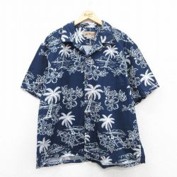 XL★古着 半袖 ハワイアン シャツ メンズ 90年代 90s ハイビスカス ヤシの木 大きいサイズ コットン 開襟 オープンカラー ハワイ製 紺他 ネイビー 25may21 中古 アロハ トップス