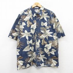 XL★古着 ピエールカルダン pierre cardin 半袖 ハワイアン シャツ メンズ 90年代 90s 葉 大きいサイズ コットン 紺他 ネイビー 25may21 中古 アロハ トップス