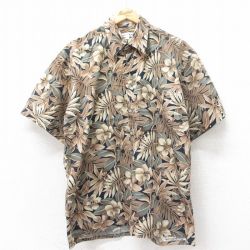 L★古着 ピエールカルダン pierre cardin 半袖 ハワイアン シャツ メンズ 90年代 90s ハイビスカス コットン 茶他 ブラウン 25may22 中古 アロハ トップス