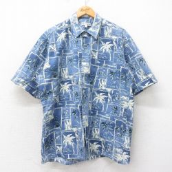 XL★古着 ピエールカルダン pierre cardin 半袖 ハワイアン シャツ メンズ 90年代 90s ヤシの木 貝殻 コットン 薄紺他 ネイビー 25may22 中古 アロハ トップス