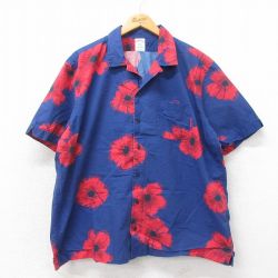 XL★古着 ブルックスブラザーズ BROOKS BROTHERS 半袖 ハワイアン シャツ メンズ 花 大きいサイズ コットン 開襟 オープンカラー 紺他 ネイビー 25may22 中古 アロハ トップス
