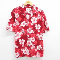 XL★古着 半袖 ハワイアン シャツ メンズ 90年代 90s ハイビスカス コットン 開襟 オープンカラー ハワイ製 赤 レッド 25may23 中古 アロハ トップス