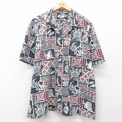 XL★古着 半袖 ハワイアン シャツ メンズ 90年代 90s 魚 大きいサイズ 開襟 オープンカラー ハワイ製 黒他 ブラック 25jun05 中古 アロハ トップス