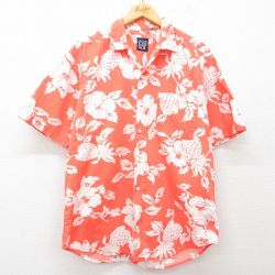 XL★古着 ギャップ GAP 半袖 ハワイアン シャツ メンズ 90年代 90s ハイビスカス パイナップル 開襟 オープンカラー オレンジ 25jun05 中古 アロハ トップス
