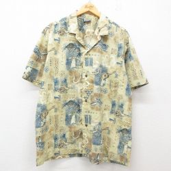 XL★古着 半袖 ハワイアン シャツ メンズ 90年代 90s ハイビスカス カメ ウクレレ 大きいサイズ 開襟 オープンカラー ハワイ製 ベージュ系 カーキ 25jun05 中古 アロハ トップス