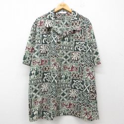XL★古着 半袖 ハワイアン シャツ メンズ 90年代 90s 大きいサイズ ロング丈 開襟 オープンカラー ハワイ製 緑他 グリーン 25jun05 中古 アロハ トップス