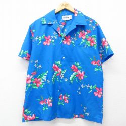 XL★古着 半袖 ハワイアン シャツ メンズ 80年代 80s ハイビスカス 開襟 オープンカラー 青 ブルー 25jun05 中古 アロハ トップス