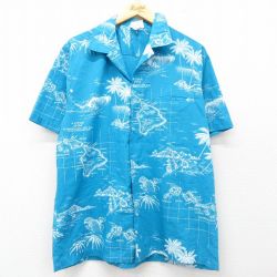 XL★古着 半袖 ハワイアン シャツ メンズ 90年代 90s ヤシの木 ハワイ製 水色 25jun05 中古 アロハ トップス