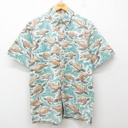 L★古着 レインスプーナー REYN SPOONER 半袖 ハワイアン シャツ メンズ 90年代 90s カメ ボタンダウン ベージュ カーキ 【spe】 25jun05 中古 アロハ トップス