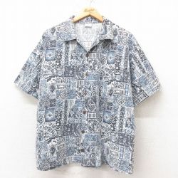 XL★古着 半袖 ハワイアン シャツ メンズ 90年代 90s コットン 開襟 オープンカラー USA製 薄紺 ネイビー 25jun09 中古 アロハ トップス