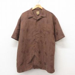 XL★古着 JOS A BANK 半袖 ハワイアン シャツ メンズ ヤシの木 葉 レーヨン 開襟 オープンカラー こげ茶 ブラウン 25jun09 中古 アロハ トップス