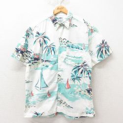 L★古着 オールドネイビー OLD NAVY 半袖 ハワイアン シャツ メンズ 00年代 00s ヨット ヤシの木 コットン 白 ホワイト 25jun09 中古 アロハ トップス