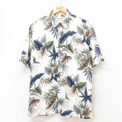 M★古着 半袖 ハワイアン シャツ メンズ 00年代 00s 葉 レーヨン 白 ホワイト 25jun09 中古 アロハ トップス