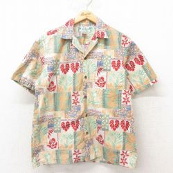 M★古着 半袖 ハワイアン シャツ メンズ 90年代 90s 葉 コットン 開襟 オープンカラー ハワイ製 ベージュ他 カーキ 25jun09 中古 アロハ トップス