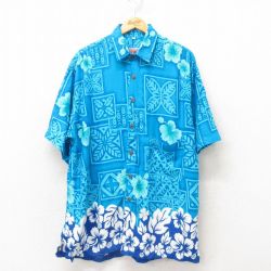L★古着 半袖 ハワイアン シャツ メンズ ハイビスカス レーヨン 青 ブルー 25jun09 中古 アロハ トップス