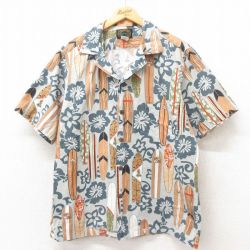 XL★古着 半袖 ハワイアン シャツ メンズ 90年代 90s ハイビスカス サーフボード 開襟 オープンカラー ハワイ製 薄紺 ネイビー 25jun09 中古 アロハ トップス