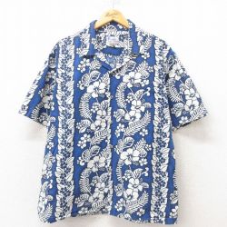 XL★古着 半袖 ハワイアン シャツ メンズ 90年代 90s ハイビスカス 開襟 オープンカラー ハワイ製 青 ブルー 25jun09 中古 アロハ トップス