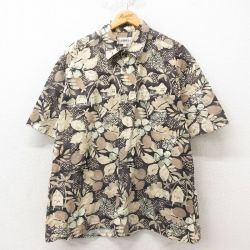 XL★古着 半袖 ハワイアン シャツ メンズ 00年代 00s ハイビスカス 家 大きいサイズ 黒 ブラック 25jun09 中古 アロハ トップス