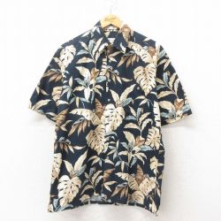 L★古着 ピエールカルダン pierre cardin 半袖 ブランド ハワイアン シャツ メンズ 葉 コットン 黒 ブラック 25jun09 中古 アロハ トップス