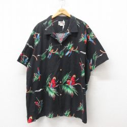 XL★古着 半袖 ハワイアン シャツ メンズ 90年代 90s 鳥 大きいサイズ コットン 開襟 オープンカラー USA製 黒 ブラック 25jun09 中古 アロハ トップス