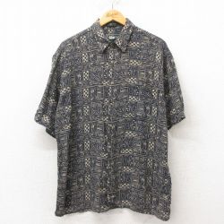 L★古着 半袖 ハワイアン シャツ メンズ 魚 ヤシの木 レーヨン 黒 ブラック 25jun09 中古 アロハ トップス