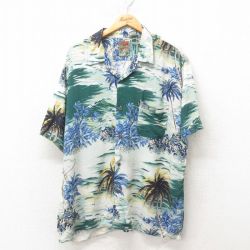 XL★古着 半袖 ハワイアン シャツ メンズ 00年代 00s ヤシの木 レーヨン 開襟 オープンカラー 緑 グリーン 25jun09 中古 アロハ トップス