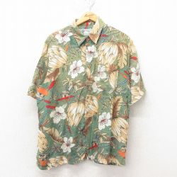 L★古着 半袖 ハワイアン シャツ メンズ 00年代 00s 花柄 レーヨン 緑 グリーン 25jun09 中古 アロハ トップス