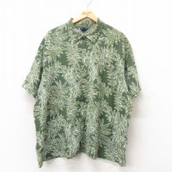 XL★古着 半袖 ハワイアン シャツ メンズ 葉 大きいサイズ レーヨン 緑 グリーン 25jun09 中古 アロハ トップス