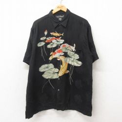 XL★古着 半袖 ハワイアン シャツ メンズ 鯉 シルク 黒 ブラック 25jun09 中古 アロハ トップス